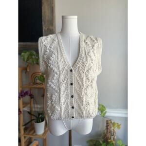 Vintage 90s Creamy White Chunky Knit Fisherman Sweater Vest Size Large